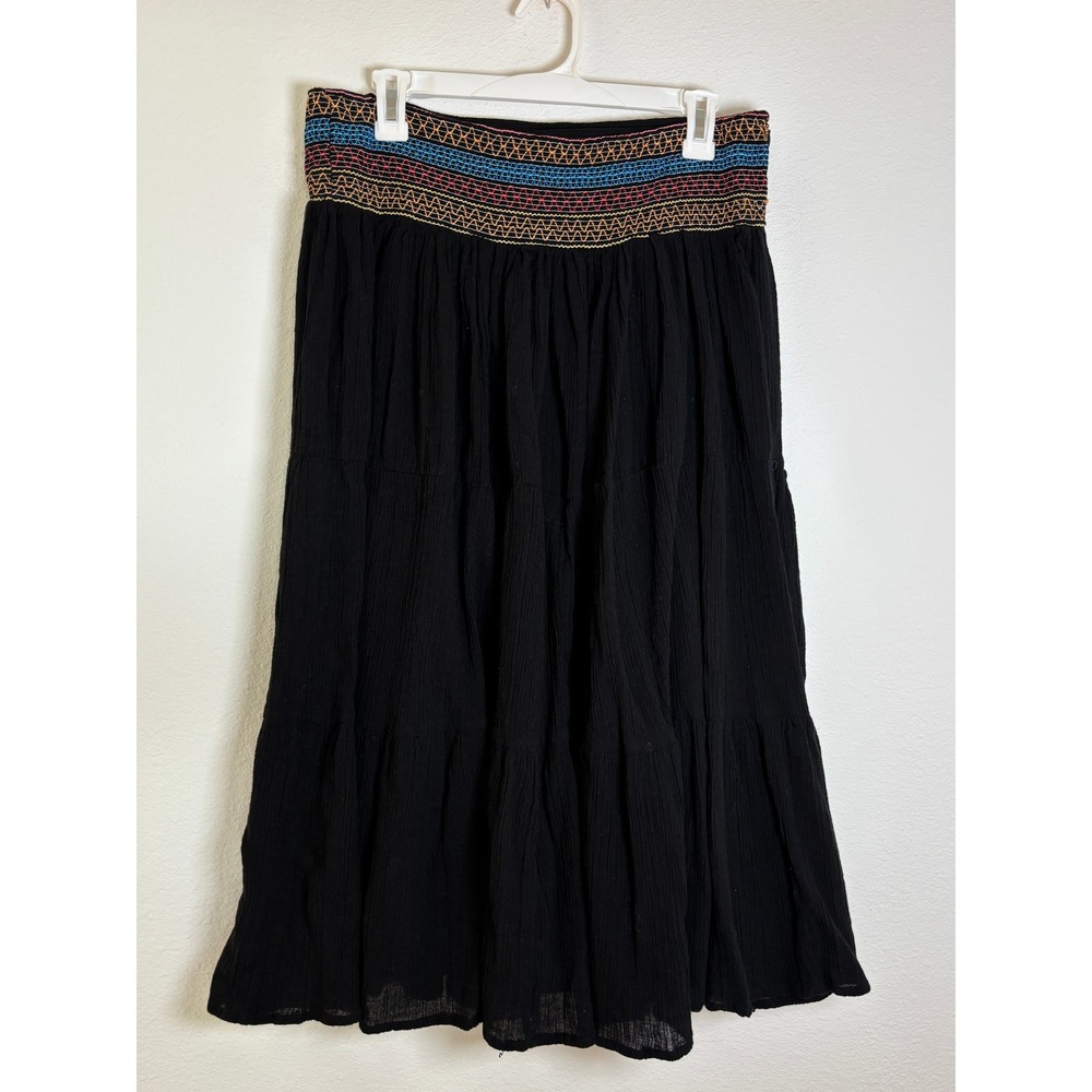 Uniform John Paul Richard Black Cotton Gauze Embroidered Smocked Midi Skirt S